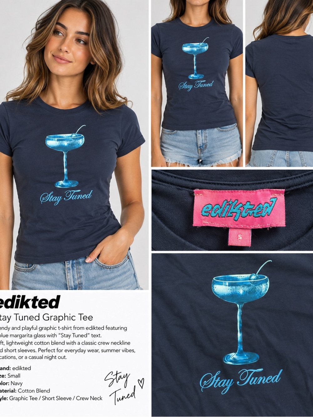 edikted Navy "Stay Tuned" Graphic Tee
